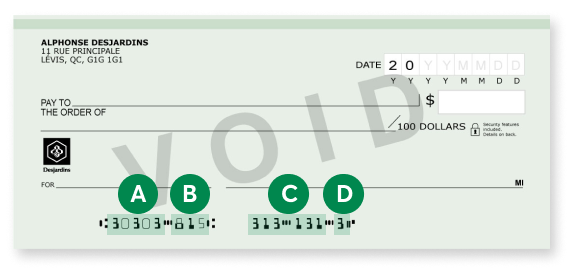 Example of a Desjardins void cheque. On the last line, 3 series of numbers show the account information followed by the check digit.