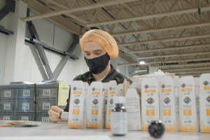 An employee wearing a hair net, packaging products in a Groupe TAQ warehouse 